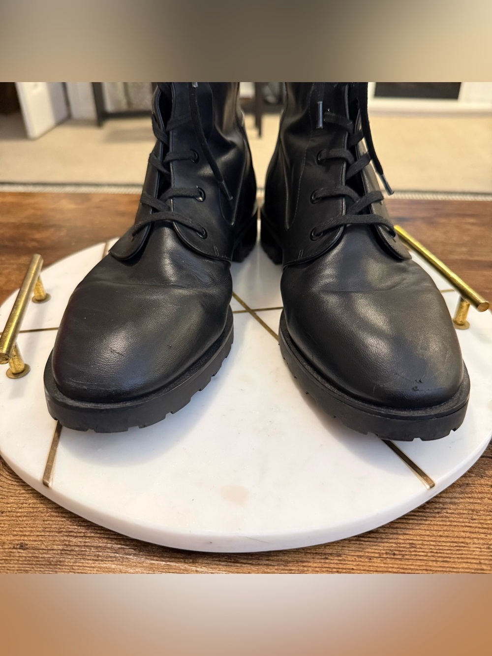 Stuart Weitzman Black Leather Lace-Up Combat Boots with Buckle - Picture 5 of 11